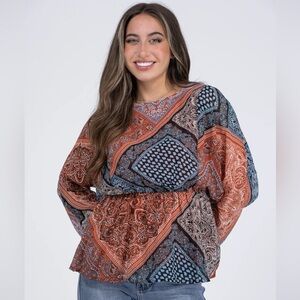 Heyson Top Women's 1X Red Blue Boho Patchwork Long Sleeve Tie Waist Blouse